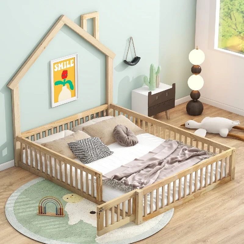 Wood Full Size House Platform Bed Kids Bed with Guardrail, White