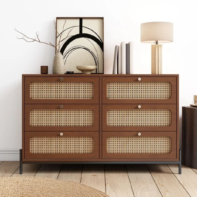 YC Modern Walnut Rattan Wood Closet,6-Drawer Dresser Wood Storage Cabinet Sideboard for Bedroom